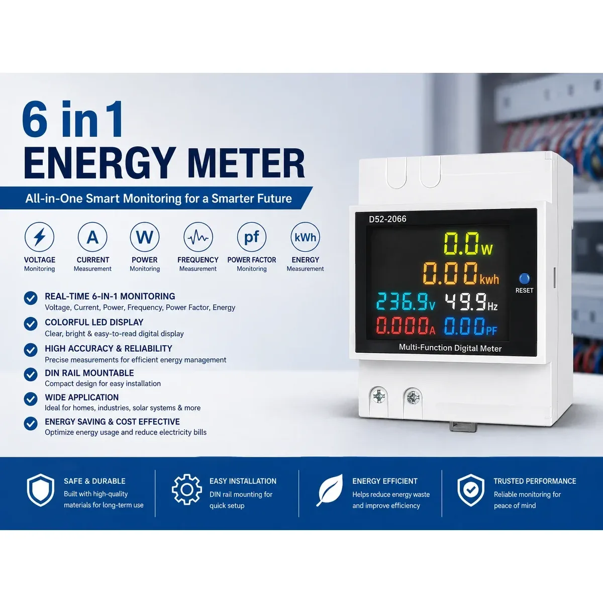 D52-2066 6-in-1 DIN Rail Digital Energy Meter (V, A, W, kWh, PF, Hz)