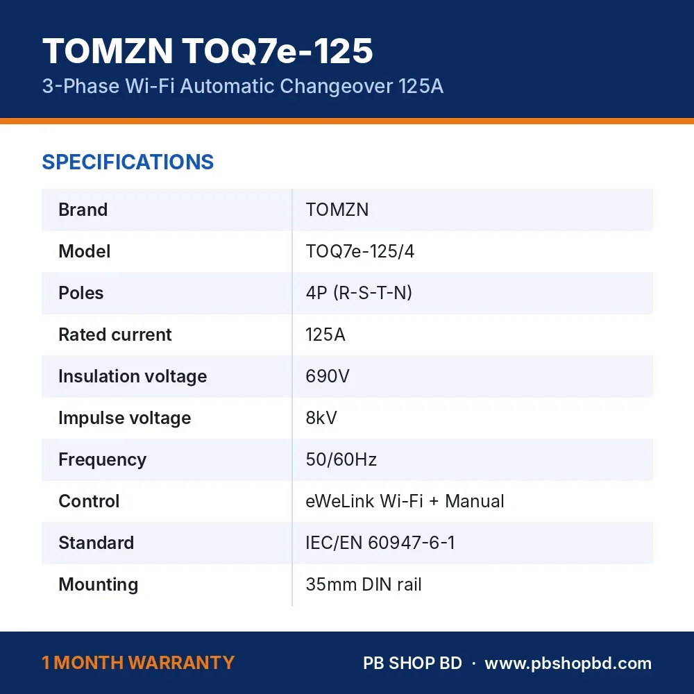 TOMZN TOQ7e-125 3 Phase WiFi Changeover Switch – specifications