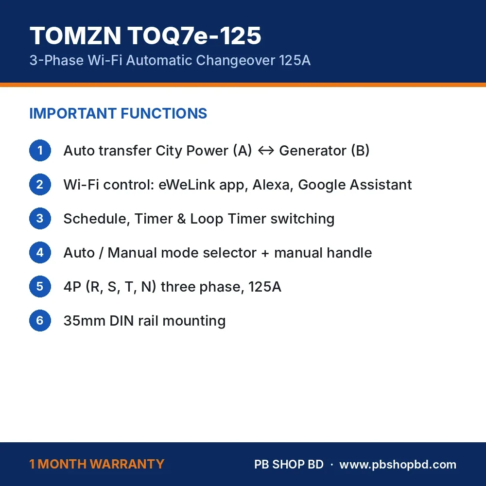 TOMZN TOQ7e-125 3 Phase WiFi Changeover Switch – important functions and 1 month warranty