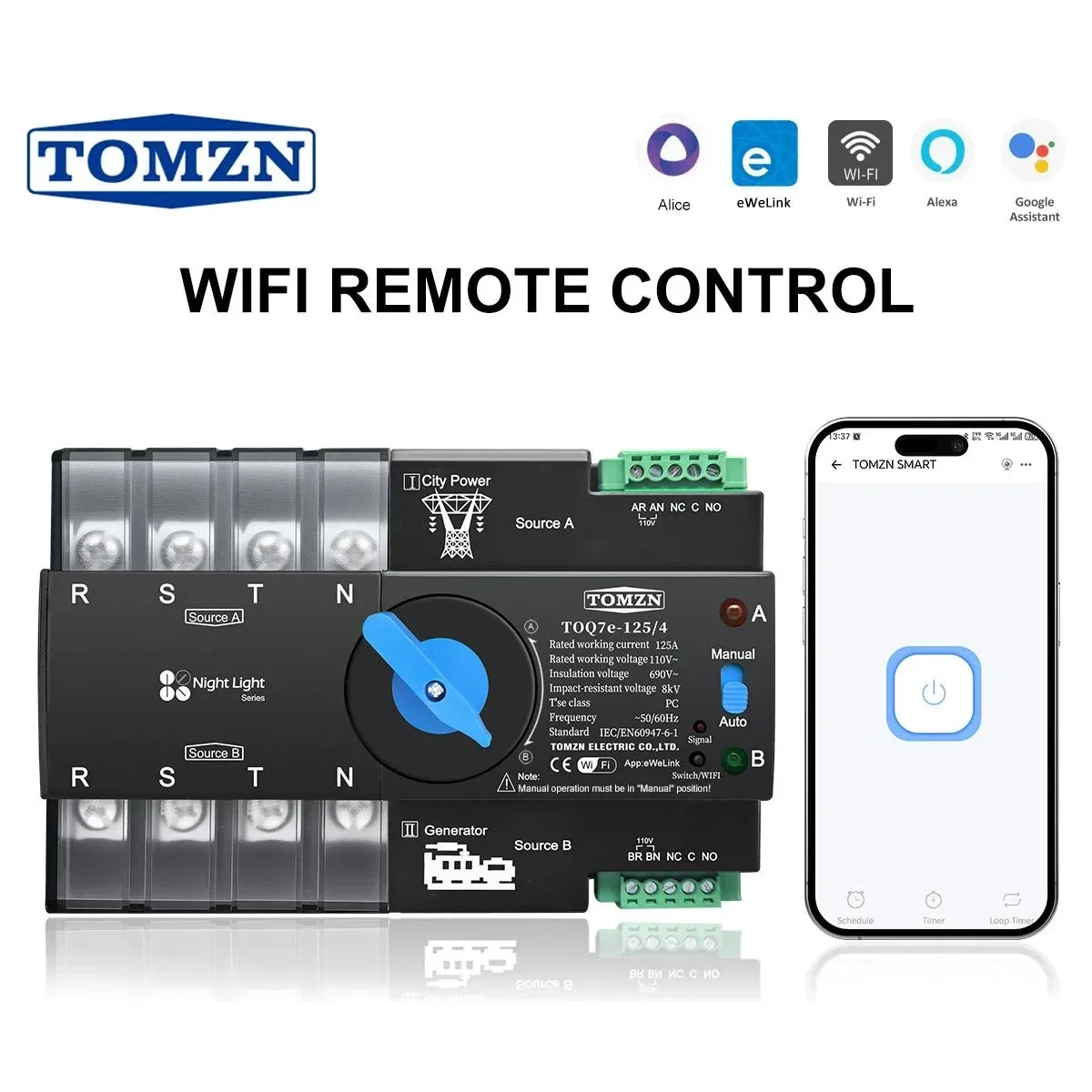 TOMZN TOQ7e-125 4P Three Phase Wi-Fi Dual Power Automatic Changeover Switch