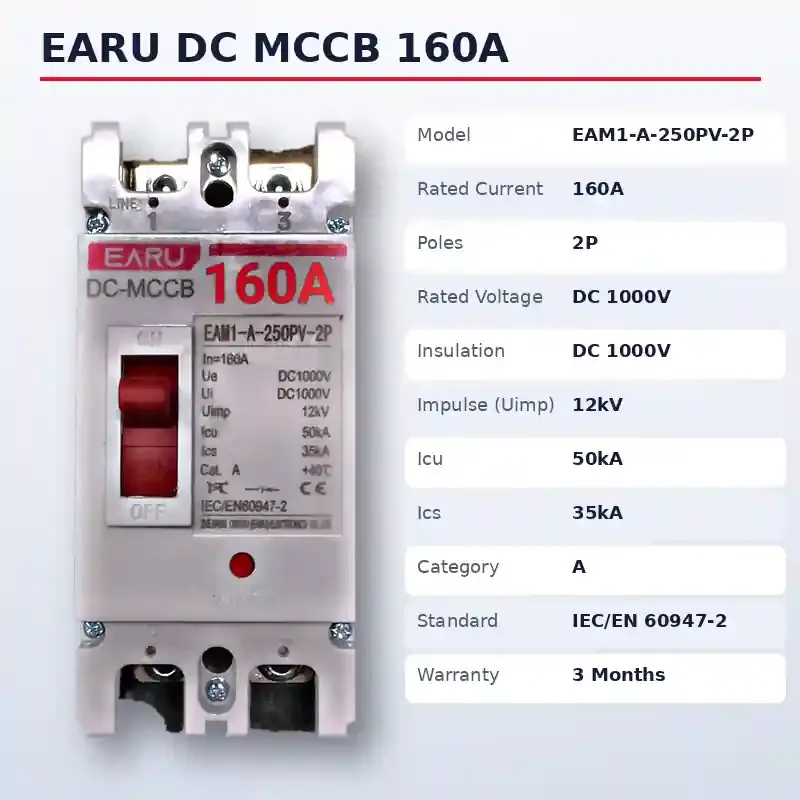 EARU DC MCCB 160A 2P 1000V – EAM1-A-250PV Solar DC Circuit Breaker image 3