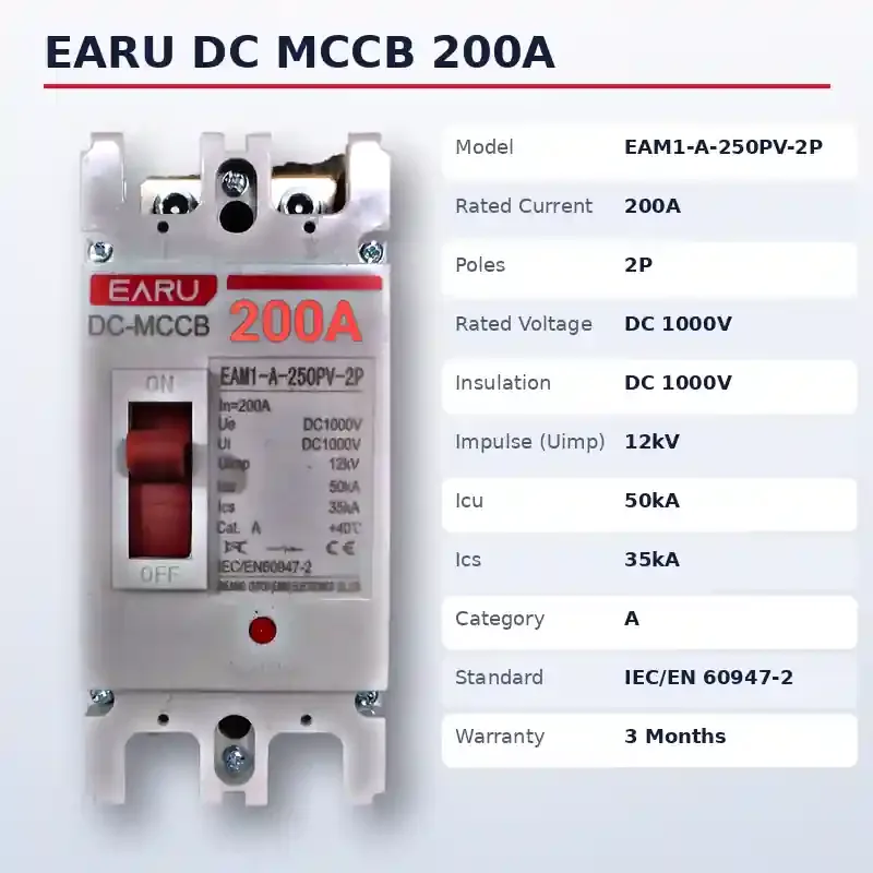 EARU DC MCCB 200A 2P 1000V – EAM1-A-250PV Solar DC Circuit Breaker image 3
