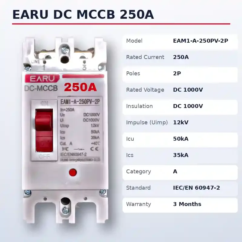 EARU DC MCCB 250A 2P 1000V – EAM1-A-250PV Solar DC Circuit Breaker image 3