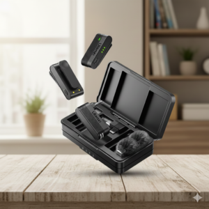 Ulanzi A100 Wireless Lavalier Microphone with charging case for clear audio recording and noise reduction.