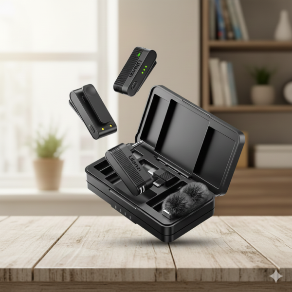 Ulanzi A100 Wireless Lavalier Microphone with charging case for clear audio recording and noise reduction.