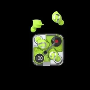 P61 Pro Transparent TWS Earbuds – Green Color Transparent P61 Pro TWS Earbuds in Green Color, showcasing a sleek design with visible internal components, ergonomic fit, and compact charging case.