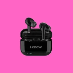 Lenovo Live Pods LP1S TWS Image of Lenovo Live Pods LP1S True Wireless Stereo (TWS) earbuds in their charging case.