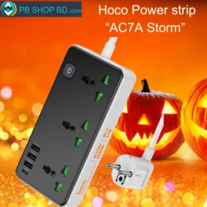 Hoco Power strip “AC7A Storm” 3 sockets EU Plug-Black Color Hoco AC7A Storm Power Strip with 3 EU sockets and 4 USB ports, available at PBSHOPBD.COM.