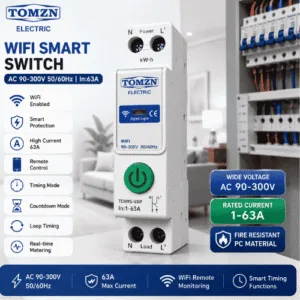 TOMZN TOB9S-VAP WiFi Smart Circuit Breaker Front View TOMZN TOB9S-VAP 63A WiFi Smart Circuit Breaker with Real-Time Energy Monitoring