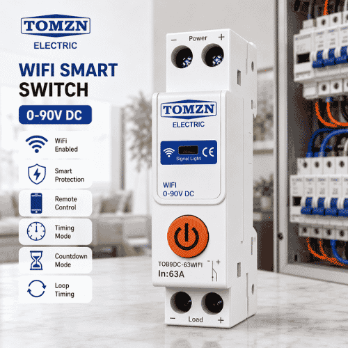 TOMZN TOB9DC-63WIFI 63A DC WiFi Smart Circuit Breaker Front View TOMZN TOB9DC-63WIFI 63A DC WiFi Smart Circuit Breaker (8–90V DC) with TUYA Smart Life App