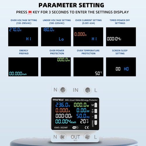 TAXNELE- 8in1 -4 TAXNELE KWS-302WF WiFi Smart Energy Meter 63A with Over & Under Voltage Protection
